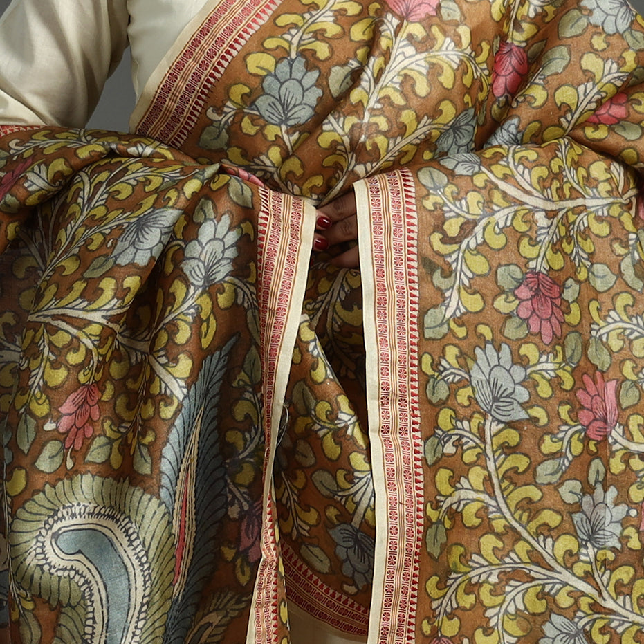 Brown - Pure Tussar Silk Pen Work Srikalahasti Kalamkari Dupatta with Dobby Border 125