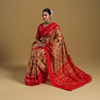 Beige - Telia Rumal Handloom Cotton Pochampally Double Ikat Saree 12