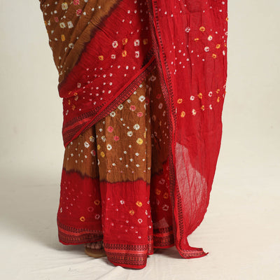 Brown - Kutch Tie-Dye Cotton Bandhani Saree with Blouse Piece 09