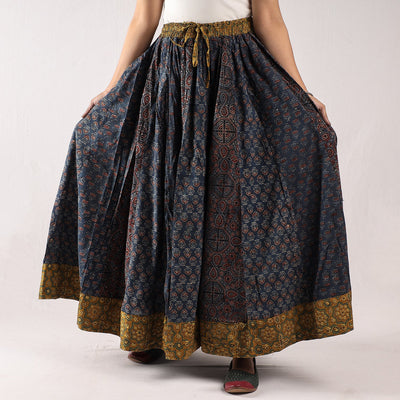 Blue - 24 Kali Ajrakh Block Printing Patchwork Cotton Long Skirt