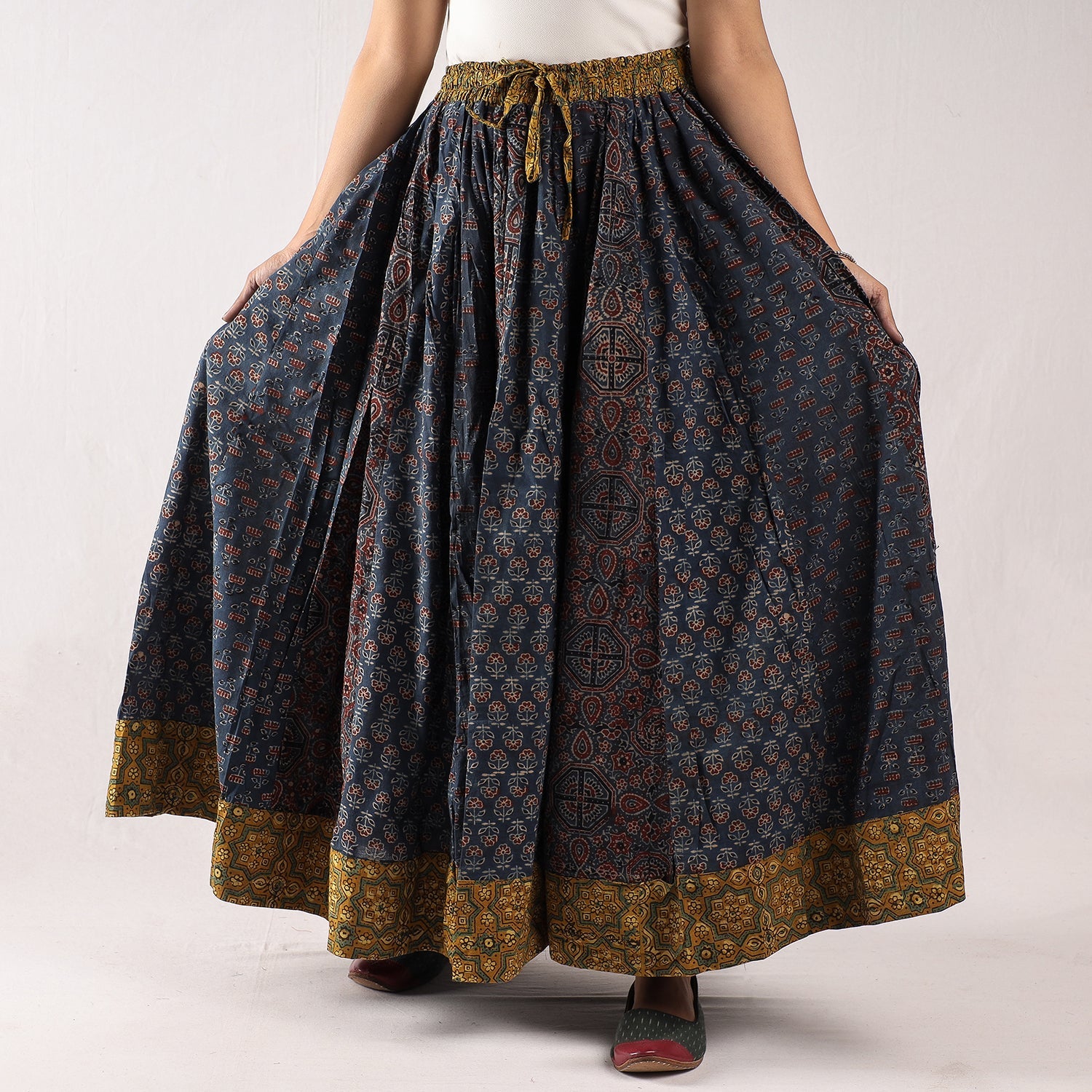 Blue - 24 Kali Ajrakh Block Printing Patchwork Cotton Long Skirt