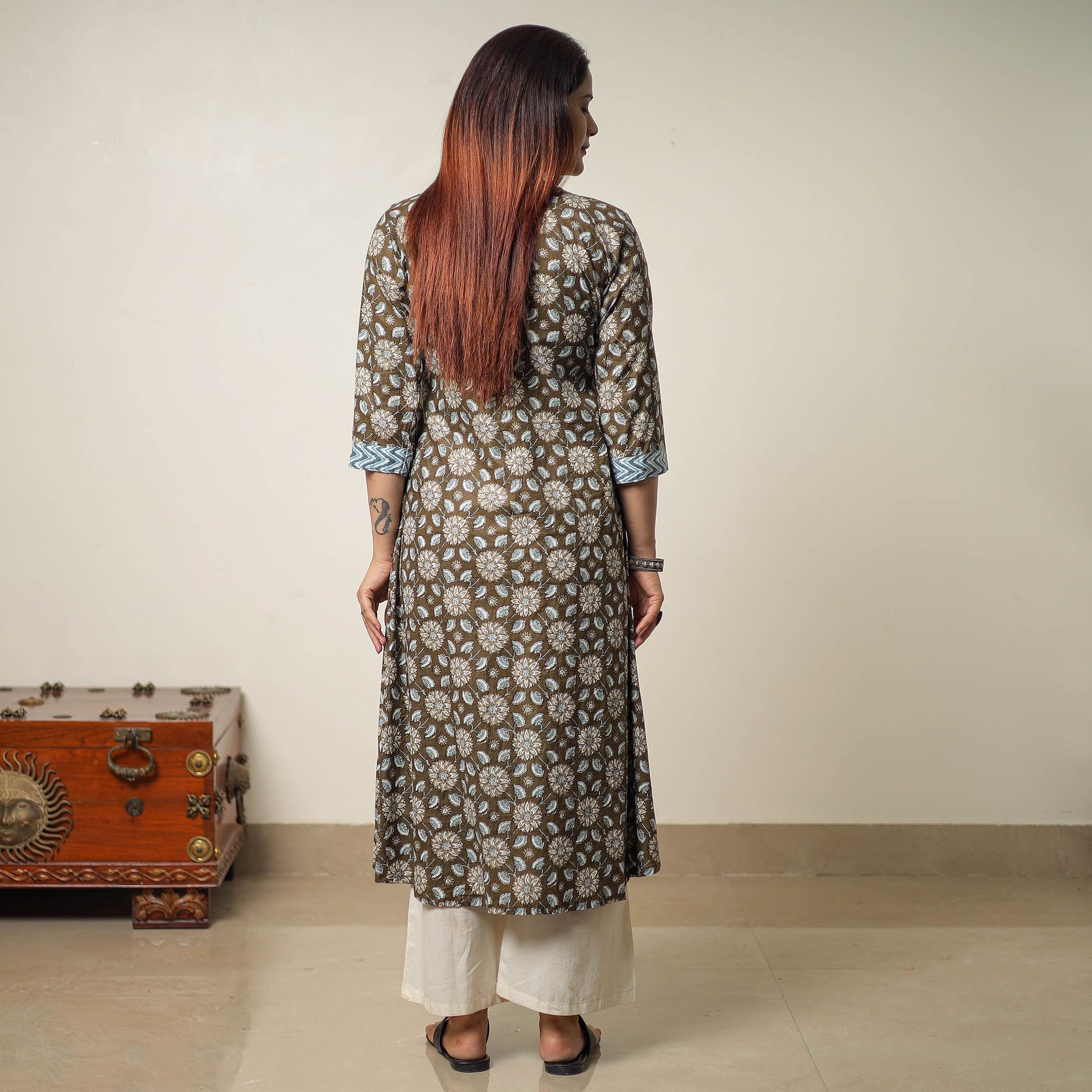 Brown - Jaipur Printed Cotton A-Line Kurta with Patchwork 01