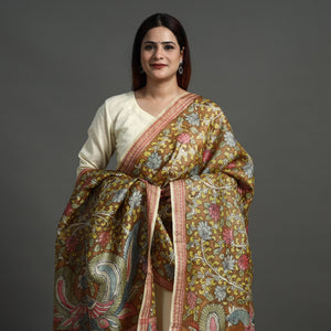 Brown - Pure Tussar Silk Pen Work Srikalahasti Kalamkari Dupatta with Dobby Border 125