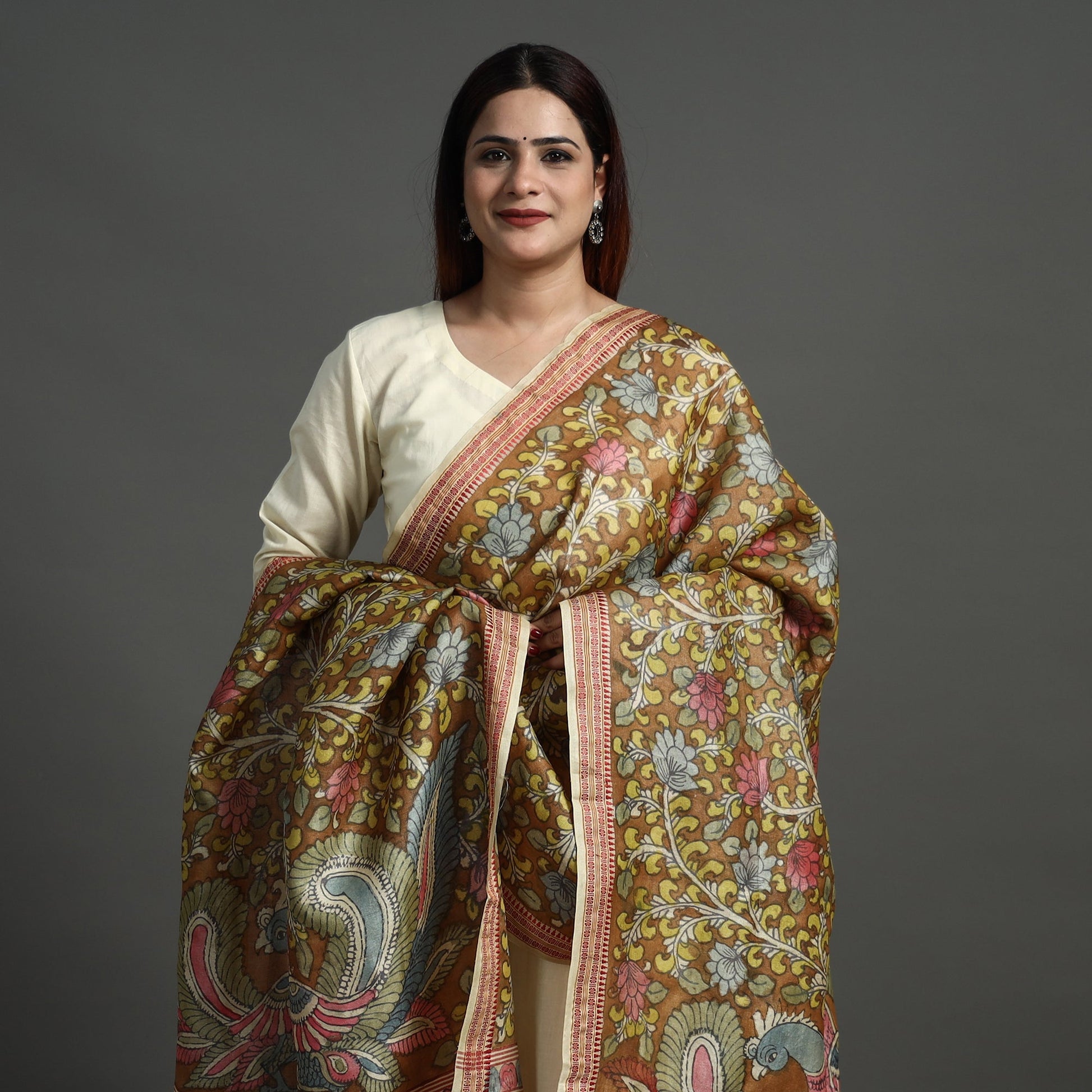 Brown - Pure Tussar Silk Pen Work Srikalahasti Kalamkari Dupatta with Dobby Border 125