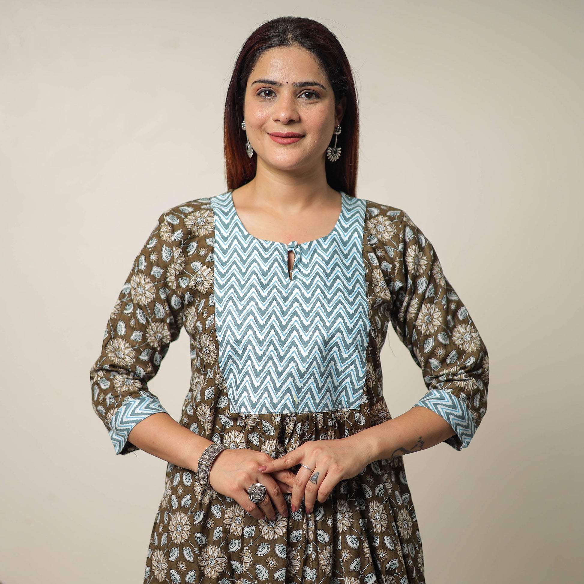 Brown - Jaipur Printed Cotton A-Line Kurta with Patchwork 01