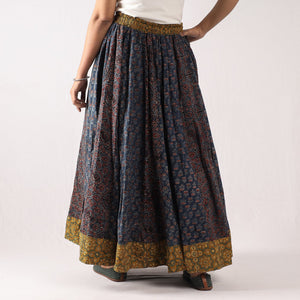 Blue - 24 Kali Ajrakh Block Printing Patchwork Cotton Long Skirt