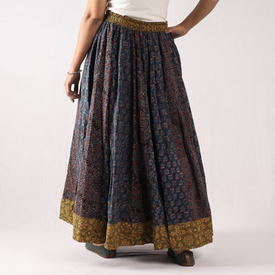 Blue - 24 Kali Ajrakh Block Printing Patchwork Cotton Long Skirt