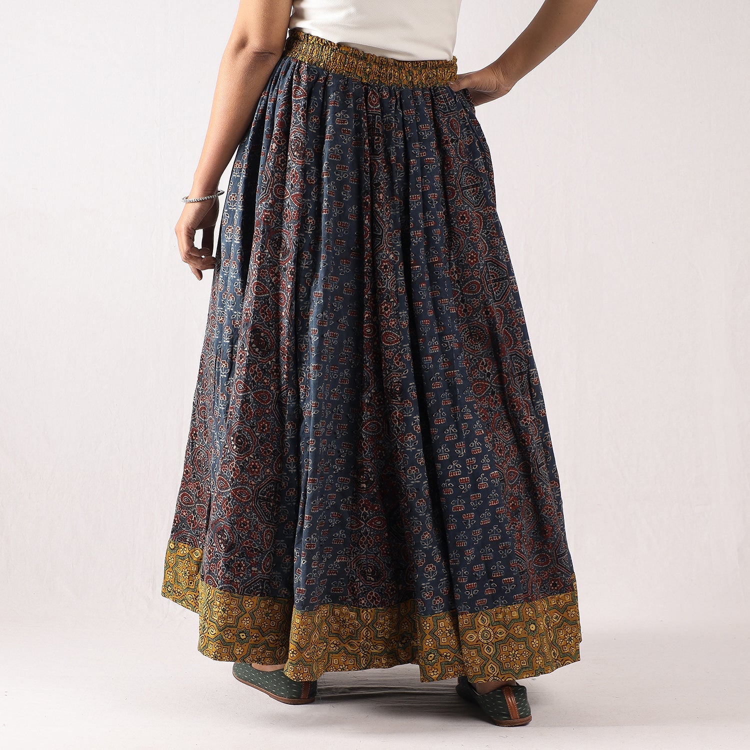 Blue - 24 Kali Ajrakh Block Printing Patchwork Cotton Long Skirt