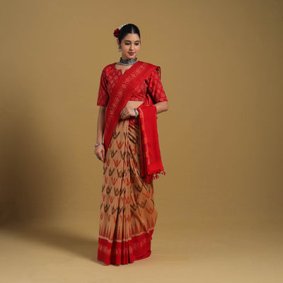 Beige - Telia Rumal Handloom Cotton Pochampally Double Ikat Saree 12