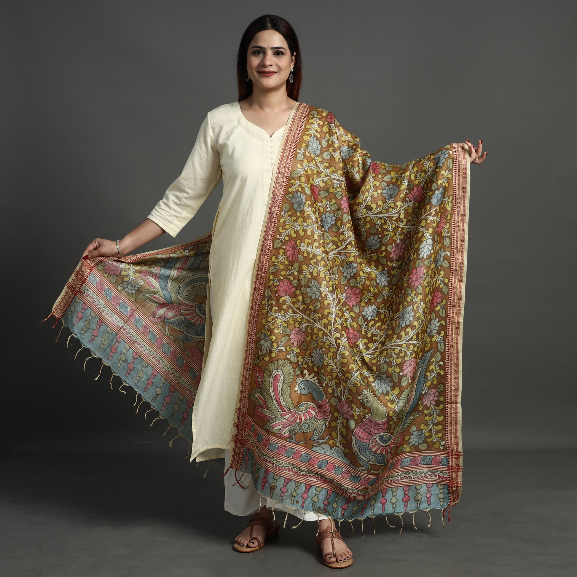 Brown - Pure Tussar Silk Pen Work Srikalahasti Kalamkari Dupatta with Dobby Border 125