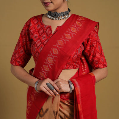 Beige - Telia Rumal Handloom Cotton Pochampally Double Ikat Saree 12