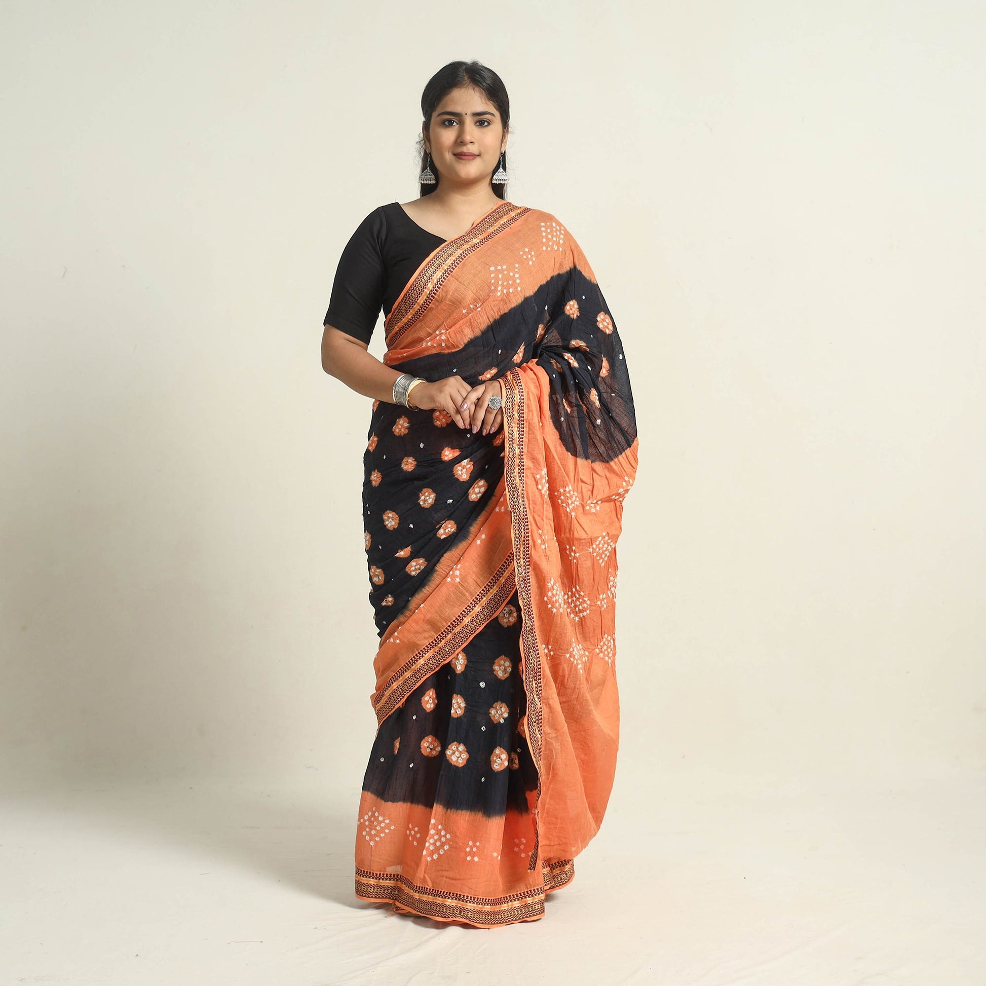 Black - Kutch Tie-Dye Cotton Bandhani Saree with Blouse Piece 12