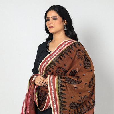 Brown - Bengal Kantha Embroidery Cotton Handloom Dupatta