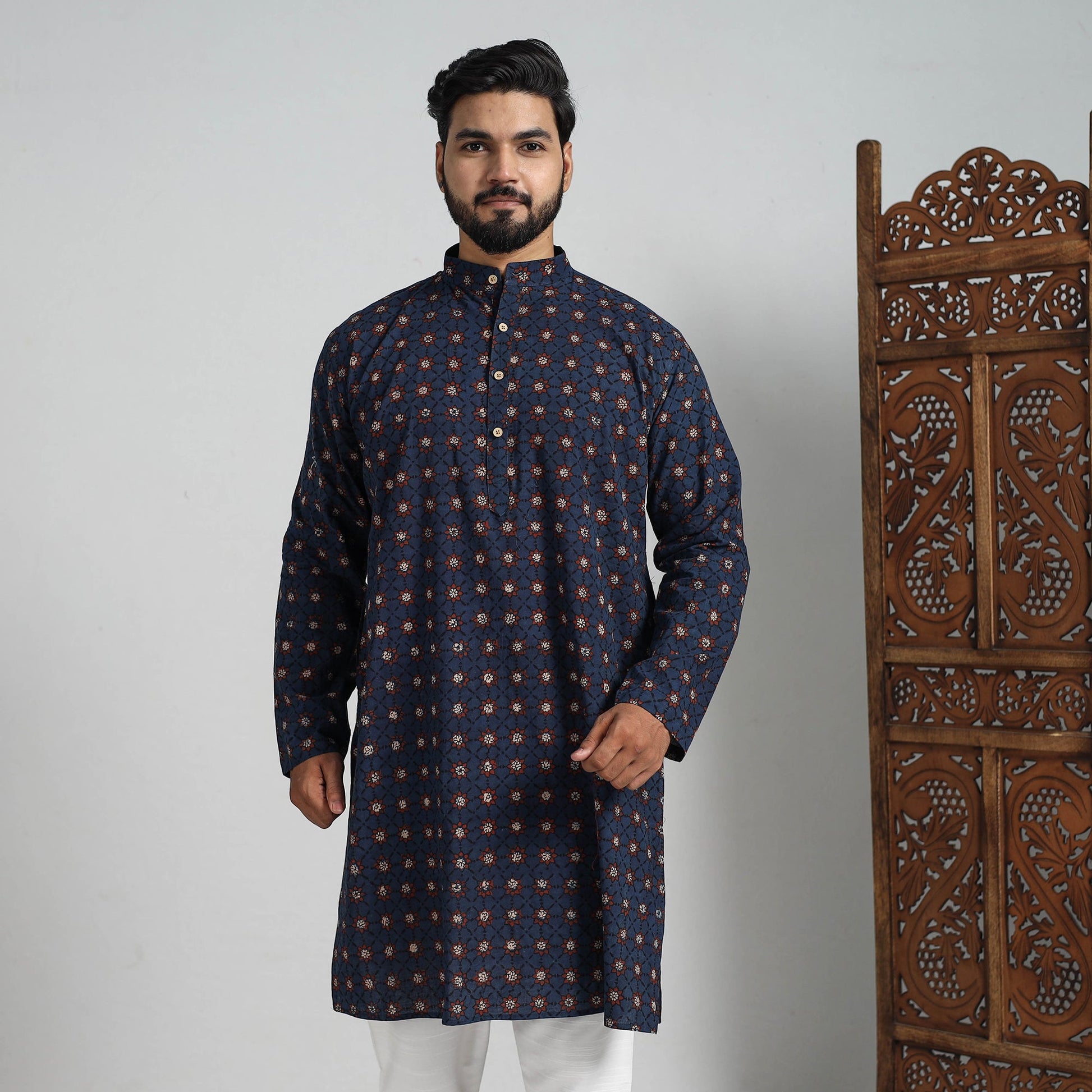Ajrakh Block Printed Cotton Men Long Kurta 12