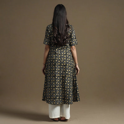Black - Bagru Hand Block Printed Cotton A-Line Kurta