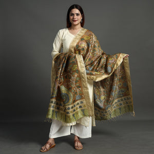 Brown - Pure Tussar Silk Pen Work Srikalahasti Kalamkari Dupatta with Dobby Border 126