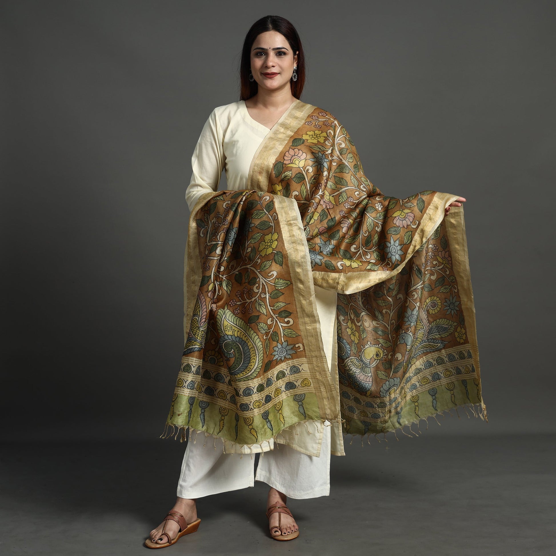 Brown - Pure Tussar Silk Pen Work Srikalahasti Kalamkari Dupatta with Dobby Border 126