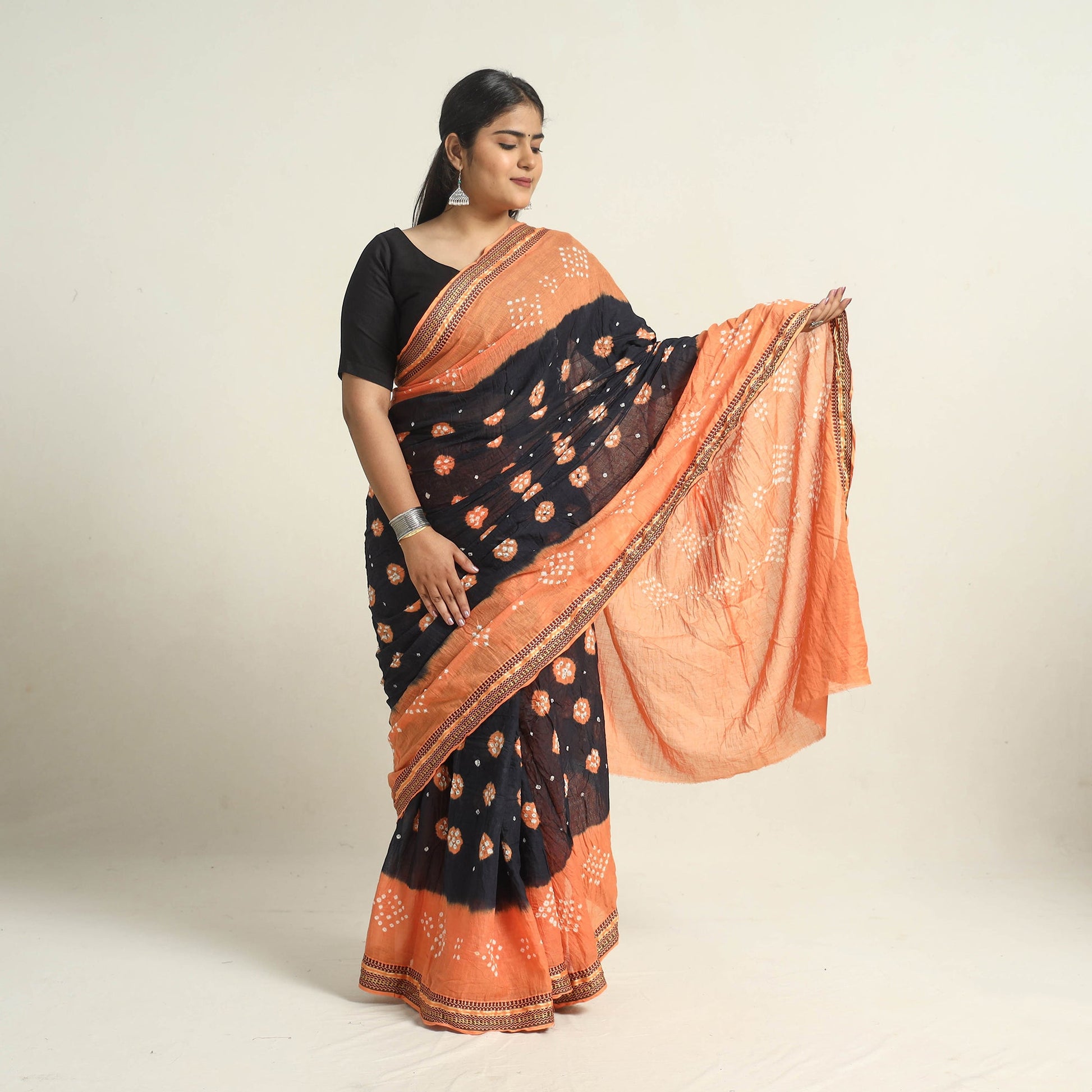 Black - Kutch Tie-Dye Cotton Bandhani Saree with Blouse Piece 12