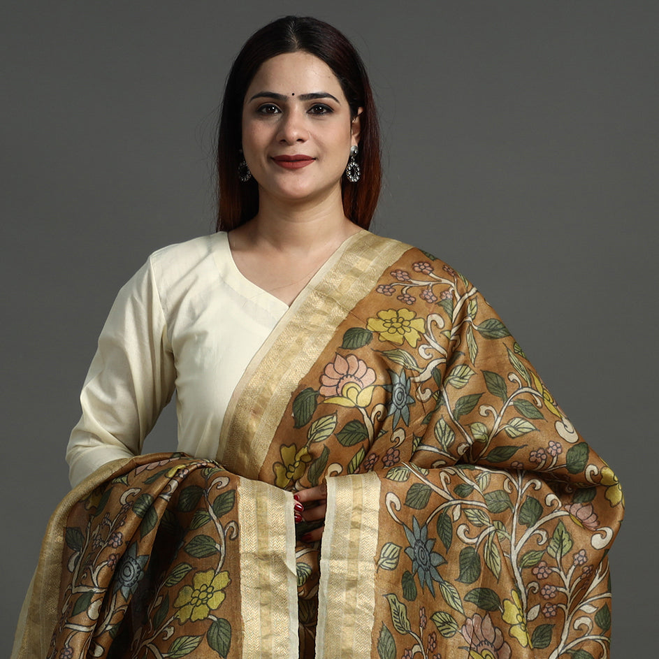 Brown - Pure Tussar Silk Pen Work Srikalahasti Kalamkari Dupatta with Dobby Border 126