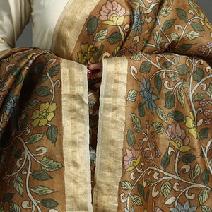 Brown - Pure Tussar Silk Pen Work Srikalahasti Kalamkari Dupatta with Dobby Border 126