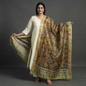 Brown - Pure Tussar Silk Pen Work Srikalahasti Kalamkari Dupatta with Dobby Border 126