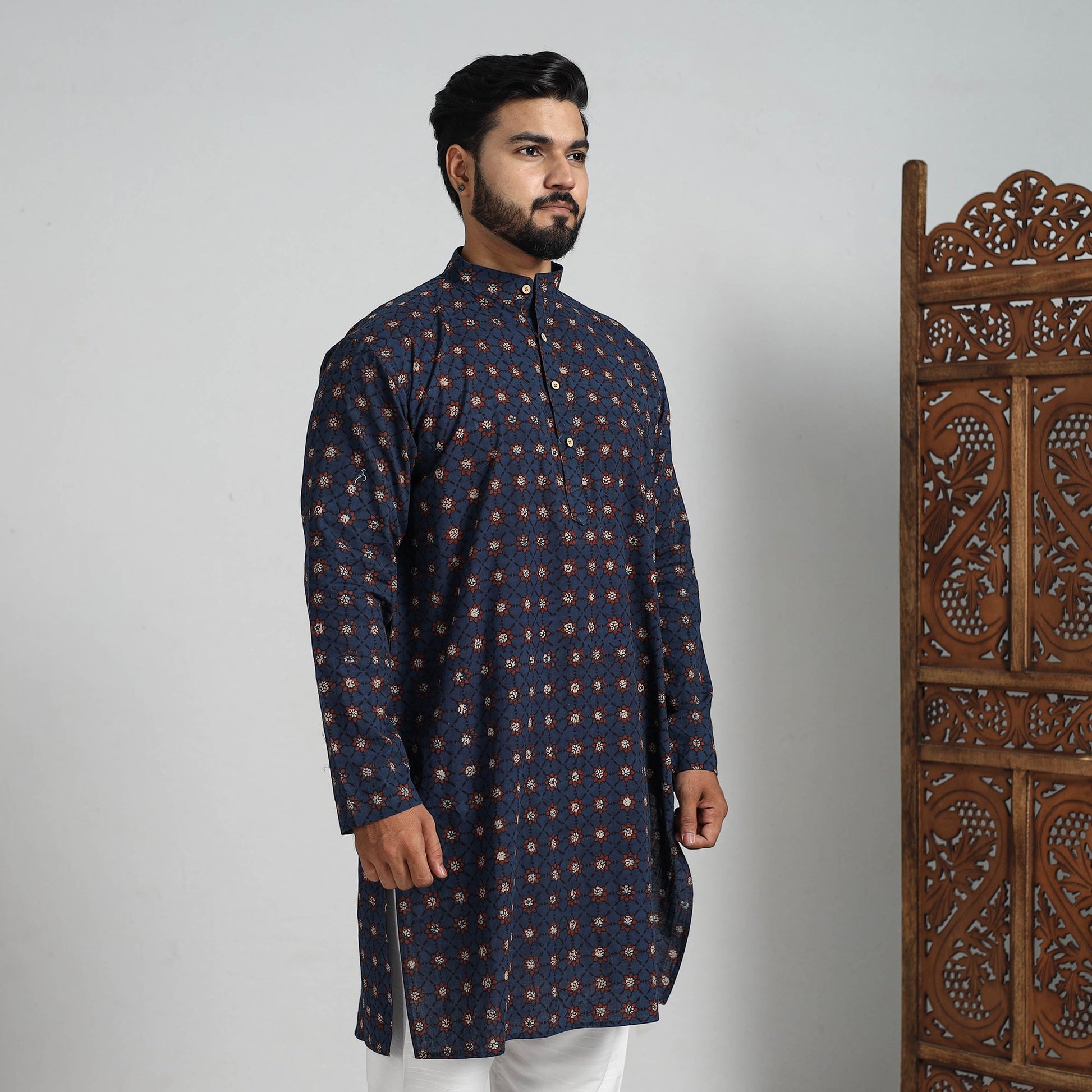 Ajrakh Block Printed Cotton Men Long Kurta 12