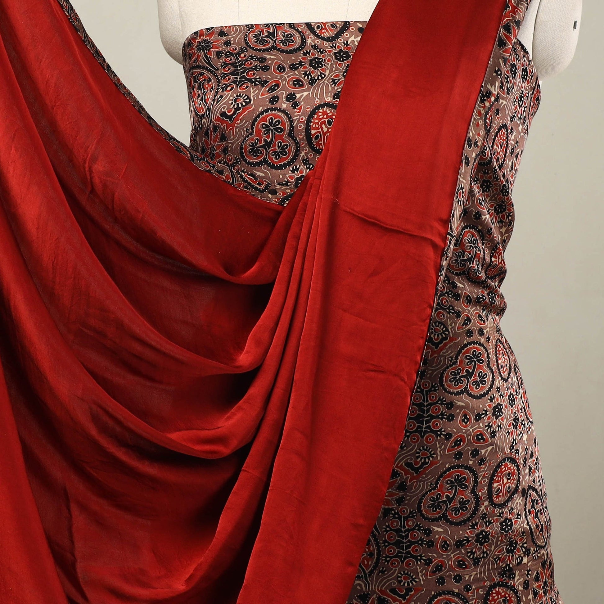Brown - 3pc Modal Silk Ajrakh Print Kurta with Plain Dupatta 02