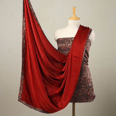 Brown - 3pc Modal Silk Ajrakh Print Kurta with Plain Dupatta 02