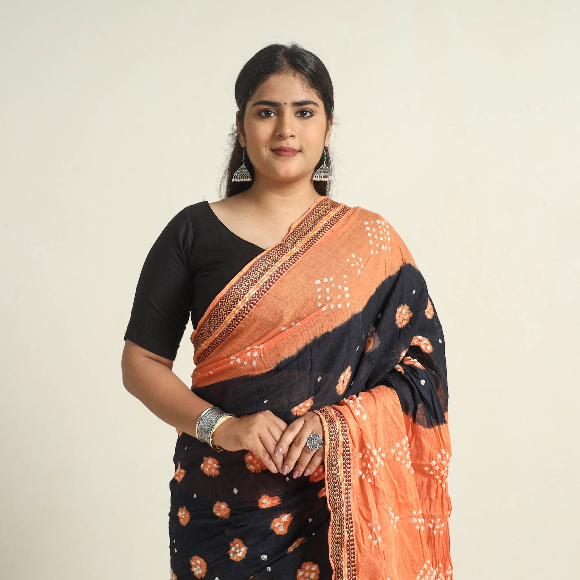 Black - Kutch Tie-Dye Cotton Bandhani Saree with Blouse Piece 12