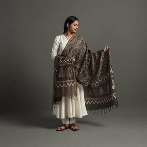 Brown - Block Printed Chanderi Silk Bagru Dupatta 40