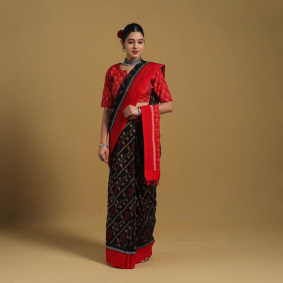 Black - Telia Rumal Handloom Cotton Pochampally Double Ikat Saree 11