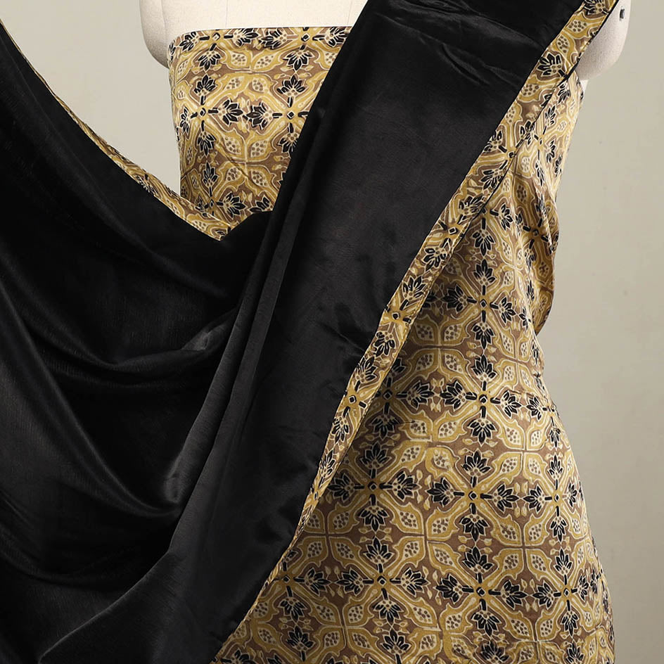 Beige - 3pc Modal Silk Ajrakh Print Kurta with Plain Dupatta 03