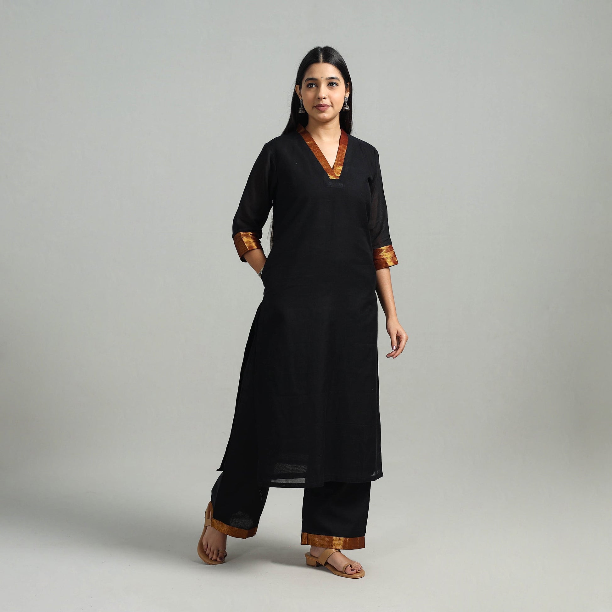 Black - Cotton Dharwad Kurta Set with Palazzo & Dupatta 07