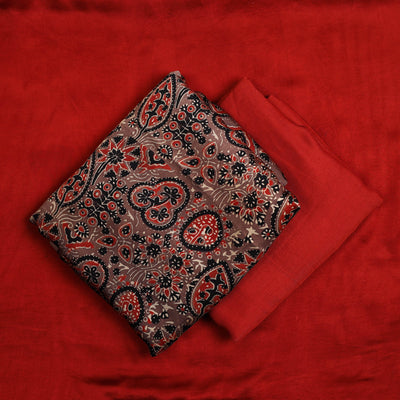 Brown - 3pc Modal Silk Ajrakh Print Kurta with Plain Dupatta 02