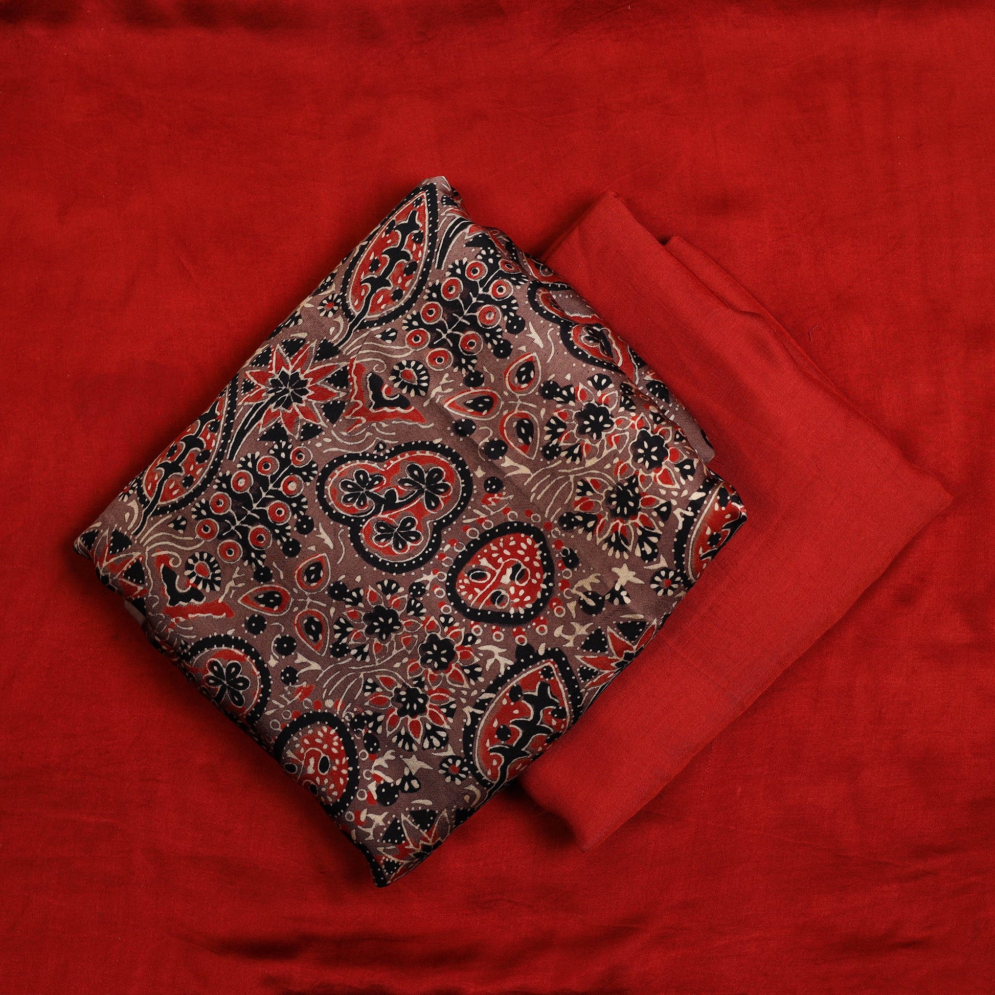 Brown - 3pc Modal Silk Ajrakh Print Kurta with Plain Dupatta 02