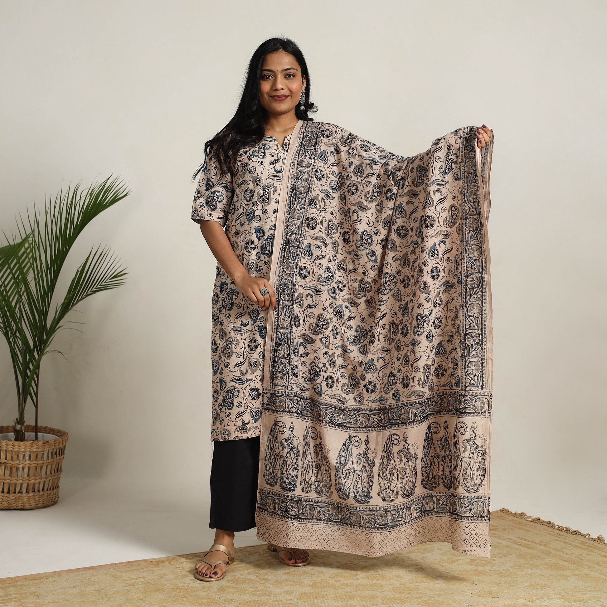 Beige - Block Printed Cotton Kalamkari Kurta Set 06