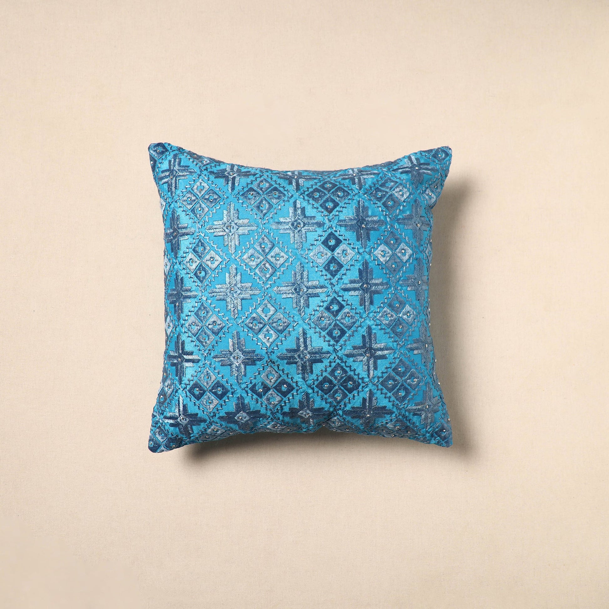 Blue - Chinon Phulkari Embroidered Cushion Cover 02