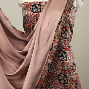 Brown - 3pc Modal Silk Ajrakh Print Kurta with Plain Dupatta 06