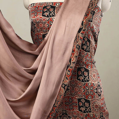 Brown - 3pc Modal Silk Ajrakh Print Kurta with Plain Dupatta 06