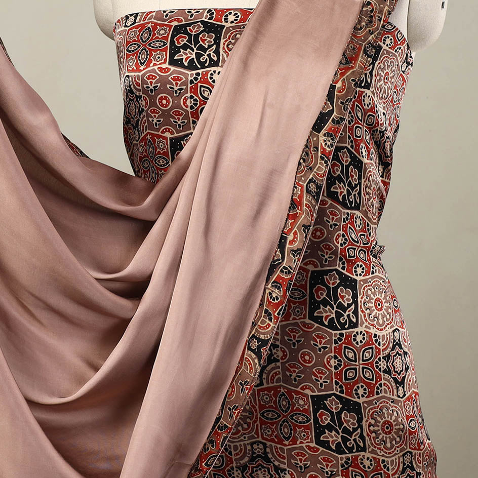 Brown - 3pc Modal Silk Ajrakh Print Kurta with Plain Dupatta 06