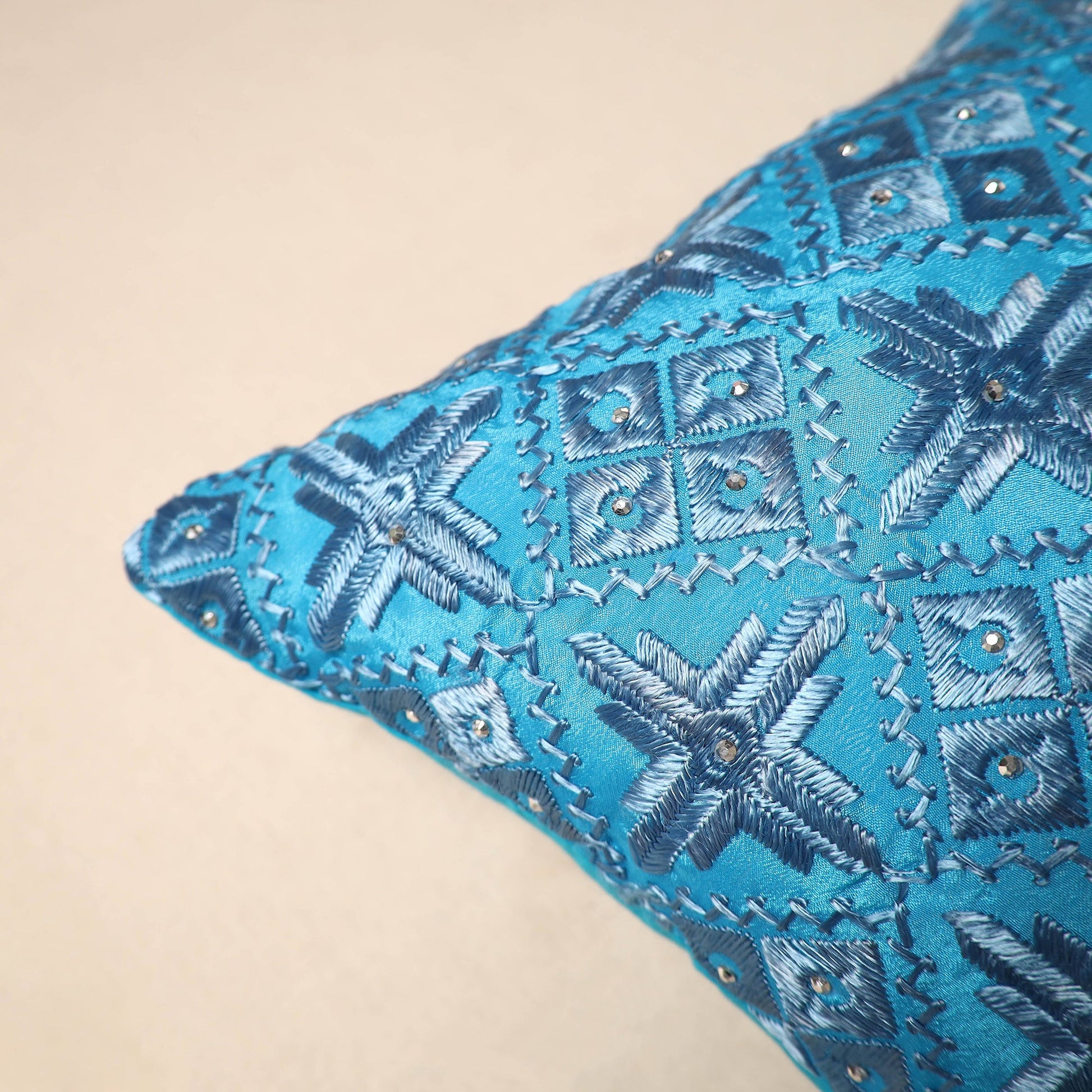 Blue - Chinon Phulkari Embroidered Cushion Cover 02