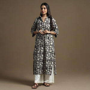 Black - Bagru Hand Block Printed Cotton Straight Kurta