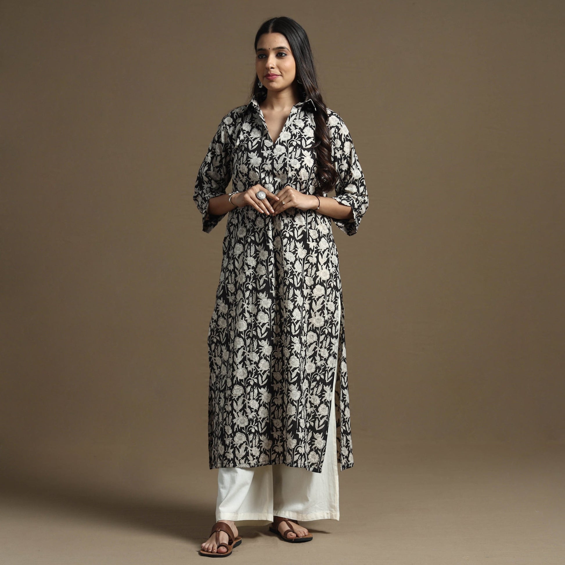 Black - Bagru Hand Block Printed Cotton Straight Kurta