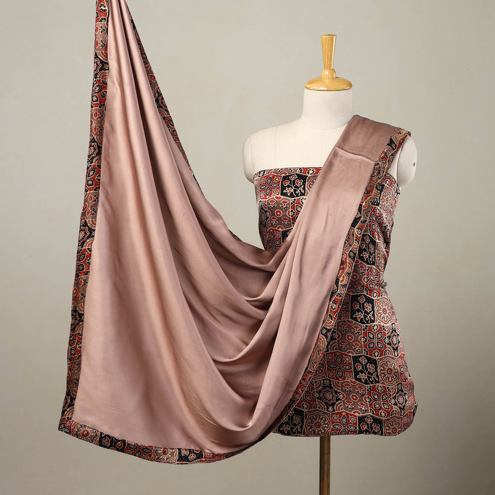 Brown - 3pc Modal Silk Ajrakh Print Kurta with Plain Dupatta 06