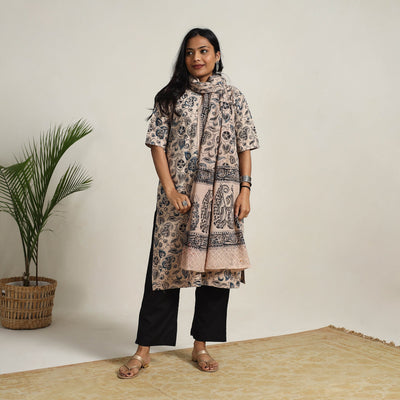 Beige - Block Printed Cotton Kalamkari Kurta Set 06