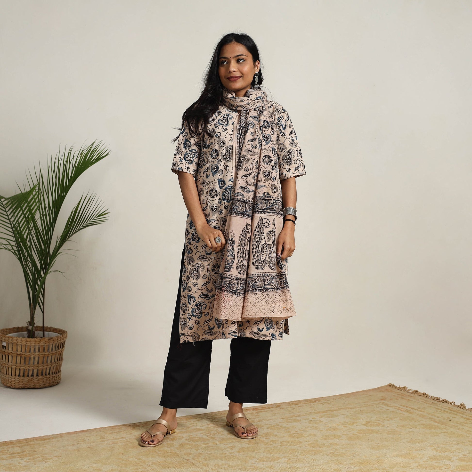 Beige - Block Printed Cotton Kalamkari Kurta Set 06