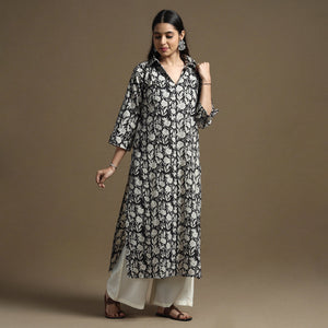 Black - Bagru Hand Block Printed Cotton Straight Kurta