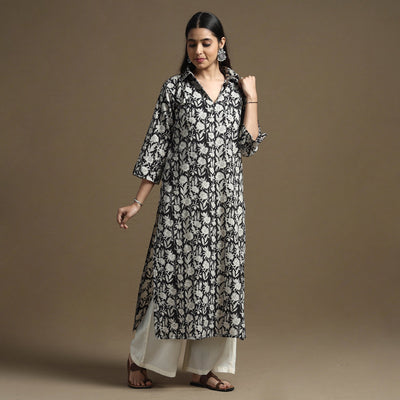 Black - Bagru Hand Block Printed Cotton Straight Kurta
