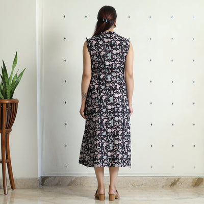 Black - Sanganeri Block Printed Cotton Collared Neck Buttoned Down Dress