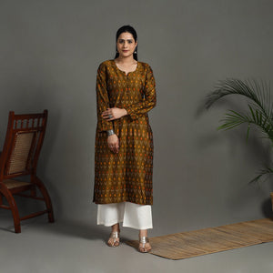 Brown - Mercerised Cotton Straight Pochampally Ikat Kurta 15